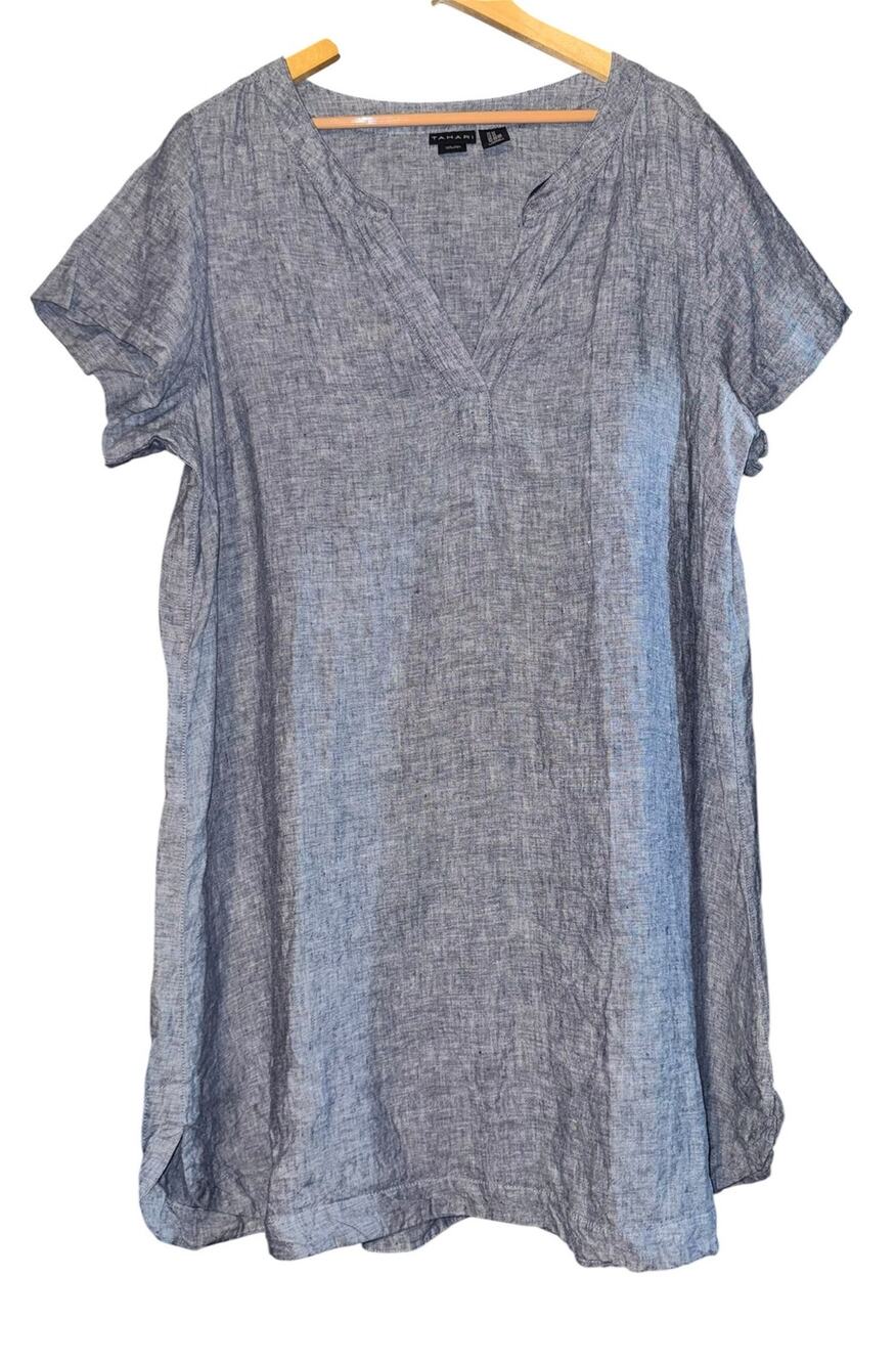 Tahari 100%‎ Linen Heathered Blue Midi Dress Women's 2X Breathable Resort Beach